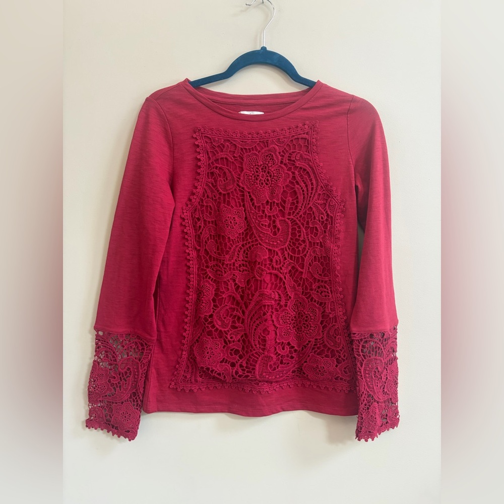 Sundance Crochet Knit Cranberry Red Floral Boho Long Sleeve Tee Shirt Top Blouse